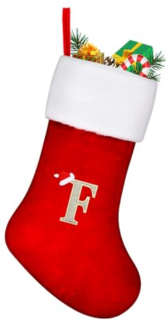 TOPWAYS Weihnachtsstrumpf Personalisiert Großes 45 cm,Weihnachtsbäume Nikolausstrumpf, Strümpfe mit Buchstaben roter Kamin, hängende Weihnachtsmann-Socken für Weihnachtsbaum und Heim (F) | Personalisierte bestickte Weihnachtsmann-Socken mit Buchstaben, roter Kamin, Weihnachtsdekoration, Weihnachtsgeschenk