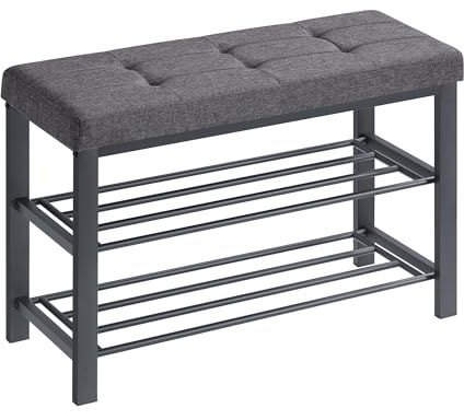 SONGMICS Schuhbank, Schuhregal mit 3 Ebenen, Schuhaufbewahrung, Sitz mit Schaumstoffpolsterung, Leinen, Metallrahmen, für Wohnzimmer Eingangsbereich, 31 x 81 x 49 cm, dunkelgrau-schwarz LBS057B01