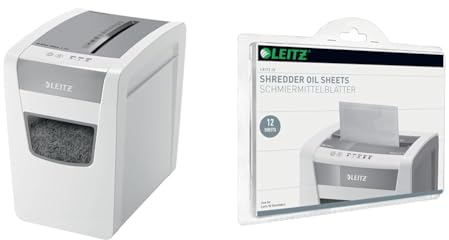 Leitz IQ Set Aktenvernichter Slim Office S, 14-12 Blatt Kapazität (70-80 g/m²), Partikelschnitt, Sicherheitsstufe P4, 23L Abfallbehälter, Besonders leise,Weiß, 80980000 + Leitz IQ Ölblätter 80070000