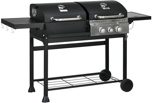 Outsunny Barbecue a gas con 2 + 1 bruciatore, termometro, 3 kW, barbecue a carbonella con ripiano, ripiano laterale, gancio, barbecue da campeggio con tubo per giardino, balcone, nero