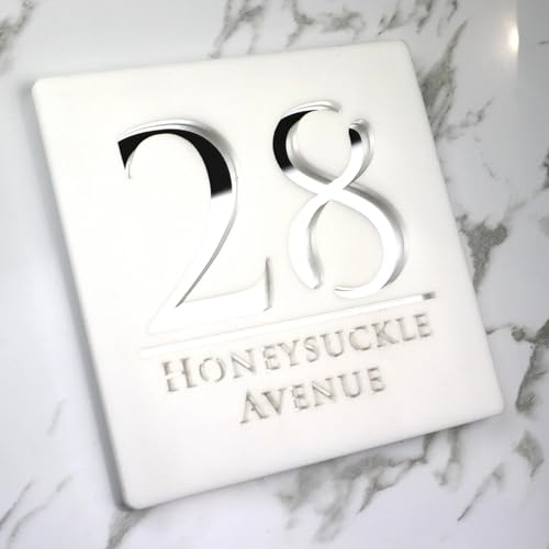 MXN Letrero de acrílico personalizado con números de casa modernos para puerta, dirección, calle, letras 3D, placa para decoración del hogar, 20 x 20 cm (blanco plateado)