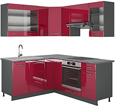 Vicco Eckküche Fame-Line, Bordeaux Hochglanz/Anthrazit, 190 x 160 cm