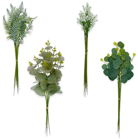 MCDSAJ Set mit Künstlichen Grünstielen, 40-teilig, mit 4 Arten Künstlicher Grünzweige, Künstlicher Eukalyptus für Selbstgemachte Brautsträuße, Hochzeiten, Blumenarrangements, Partys, Tischaufsätze
