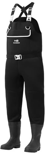 BASSDASH Herren Neopren Wathose Schwarz Schilf Camo für Angeln Jagd mit Gummistiefeln Fuß Wasserdicht Brust Wathose, Schwarz, Boot Foot 10