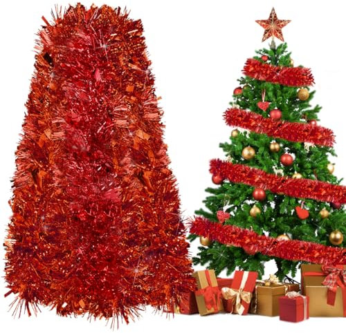 REFORUNG Weihnachten Lametta Girlande, 10 M Glänzende Weihnachtsgirlande Tinsel Weihnachtsbaum Deko Lametta Metallische Lametta Girlande Für Weihnachten, Hochzeiten, Urlaubsfeiern Dekoration (Rot)