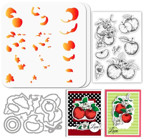 GLOBLELAND Granatapfel Stempel and Cutting Dies Set for Card Making Apfelstückchen Stamps and Stencils Obst Geschichtet Embossing Stencil for DIY Scrapbooking Crafts Album Accessories