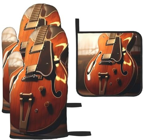 YYHHAOFA Lot de 3 gants de cuisine imperméables et durables pour four et manique pour isolation thermique Motif guitare vintage