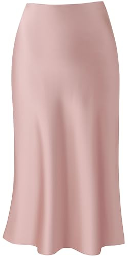 Keasmto Skirts for Women Midi Length High Waisted Silk Satin Elasticized A Line Trendy Summer Casual Ladies Skirt Skin Pink M