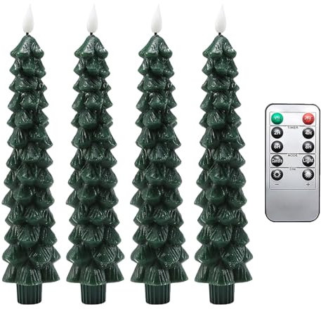 LED-julgransljus | 4 gröna koniska med timer och fjärrkontroll, 9,7 tum flamlösa för