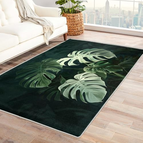 Tropical Leaf Rugs - Botanical Green Leaves Rug, Jungle Monstera Leaf Rugs for Living Room Bedroom, Washable Non Slip Soft Large Carpet, Patterned Area Rugs & Home Decor 100x150 cm