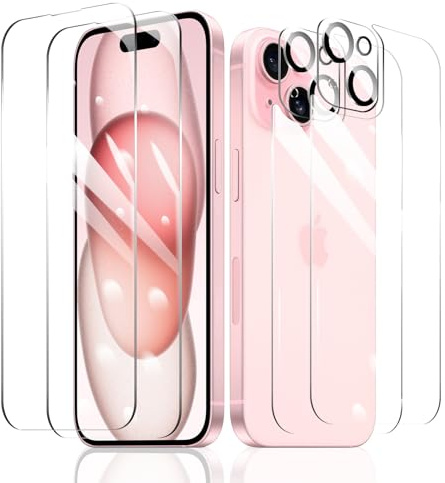 Fylnatc 2 x Pellicola Protettiva per iPhone 15 + 2 x Pellicola Fotocamera + 2 x Back Vetro Temperato Film, Screen Protector, Pellicola Protezione, HD Chiaro, Durezza 9H, Anti Graffio, Senza Bolle