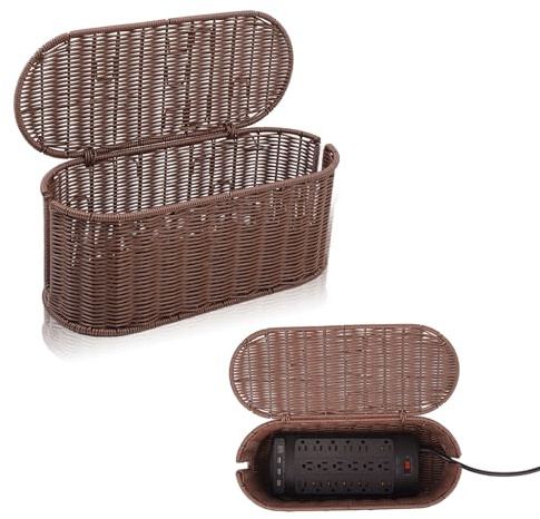 Cable Management Box, Handmade Rattan Cable Organizer, 2 Open Slots Cords Hider Box, Under Desk Cord Organizer for Computer Router USB Hub & Power Strip, Patent Pending, 15.9 x 6.5 x 6.5, Brown