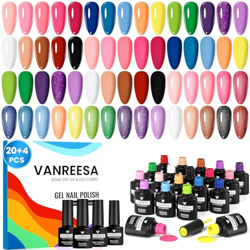 VANREESA U V Nagellack Set, 20 Farben U V Nagellack 24Pcs Gel Nägel Set mit Unterlack und Überlack Gel Nagellack U V Nägel Selber Machen Set Geschenk für Frauen
