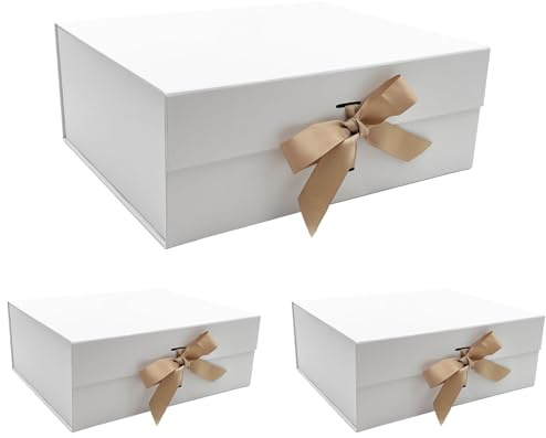 Tekhoho 3-pack vit stor presentask 33,5 x 27 x 12,5 cm, premium presentask med magnetiskt lock och band för helgdagar bröllop födelsedag presentförpackning, rutigt foder
