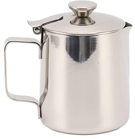 Stainless steel milk frother, coffee pot with lid barista cappuccino pot for latte art and coffee foam control 600ml (350ml)