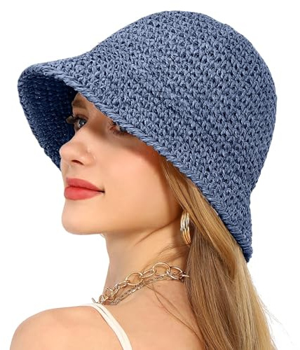 Generisch Strohhut Damen Sonnenhut aus Papierstroh Handgewebt Faltbarer Fischerhut Leichter Bucket Hat schlaffer Sommerhut Strandhut breite Krempe Sommer Sonnenschutz Sonnenhüte für Damen