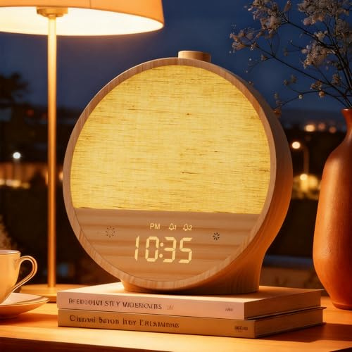 Vivilumens Sunrise Alarm Clock with Sound Machine, Gentle Wake-Up Light, Dual Alarms for Heavy Sleepers Adults, Dimmable RGB Mood Light Digital Alarm Clocks for Bedrooms, Wood Grain