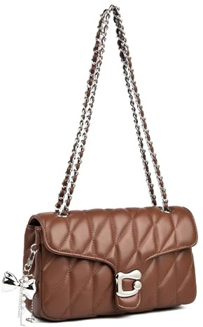 Travistar Gesteppte Umhängetasche Damen Handtasche - Kleine Crossbody Bag Vegan Leder Schultertasche Elegante Abendtasche mit Kette & süßem Anhänger