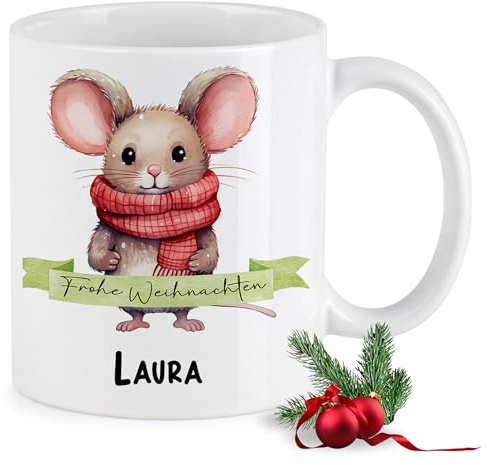 GRAZDesign Weihnachtstasse Frohe Weihnachten Maus mit Namen personalisiert Keramik 330ml