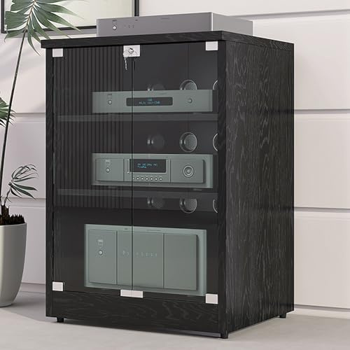 LIGUIEN Mueble Equipo Hifi Soporte Multimedia, Estantes for Amplificadores de Parlantes, Gabinete AV Moderno, Cerradura de Puerta de Doble Cristal, para Salón(Black,3-tier H80CM/31)