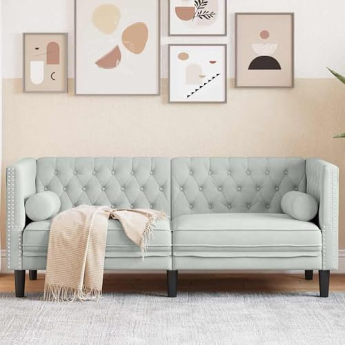 Teenpull Chesterfield-soffa ljusgrå, 174 x 74,5 x 70,5 cm sammet, klassisk soffa med rullade armstöd, robust konstruktion för vardagsrum, inkl. 2 kuddar