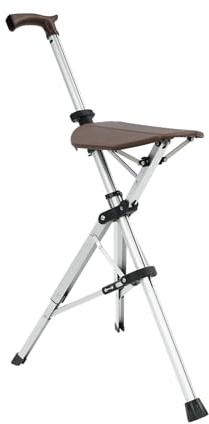 OUKANING Gehstock mit Stuhlfunktion, Faltbarer Dreibeinhocker aus Alu als Sitzstock/Spazierstock, Tragkraft 120kg, Höhe 85cm, Wanderstock Stuhl für Alltag & Reisen (Braun)
