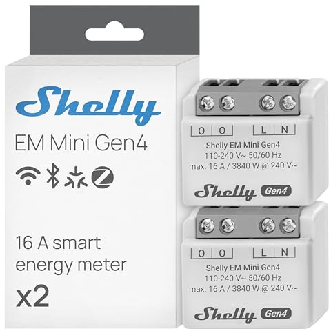 Shelly EM Mini Gen4 - Compteur d'énergie connecté Matter, Wi-Fi, Zigbee, 1 canal - 16A 240 V CA, Mesure consommation électrique, Stockage données, Shelly Smart Control app, Horaires, Scènes - Lot de 2