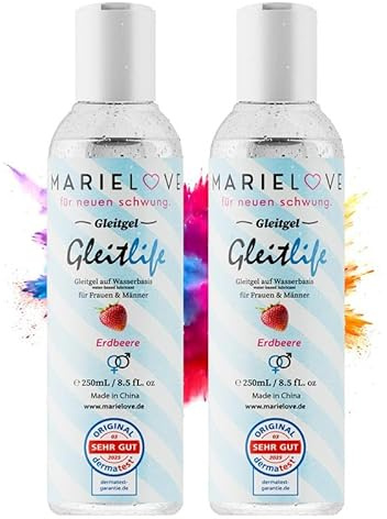 MARIELOVE – Wasserbasiertes Gleitgel STRAWBERRY, 250 ml – aromatisiert, vegan, pH-hautneutral formuliert, kompatibel mit Kondomen & Silikon-Spielzeug, leicht abwaschbar, 2er Pack