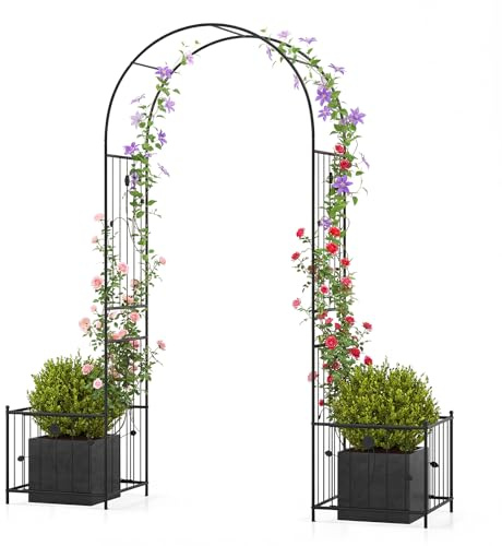 COSTWAY Rosenbåge med 2 blomlådor, trädgårdsbåge av metall, stabil, dörrbåge för klätterväxter, spaljé med växtlådor, växtstöd, spaljé, spaljé, spaljé, halvbåge trädgård, 198 x 49,5 x 221 cm