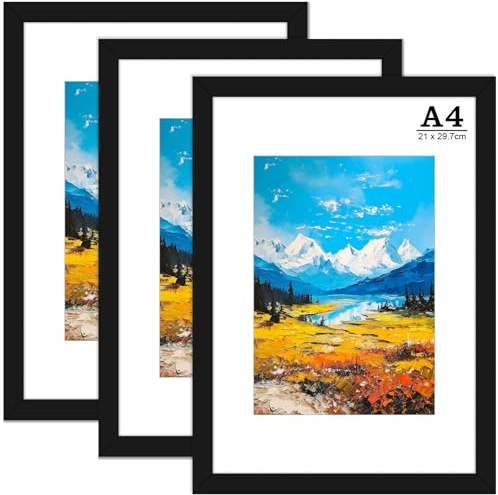 YGVQN Cornice A4,Cornice Nera per 21x29.7 cm,Supporto Orientamento Orizzontale o Verticale,per Quadri,Poster e Ricordi,Con Supporto Integrato e Ganci per Parete,Cornice Foto A4 Moderna Nera - 3 Pezzi