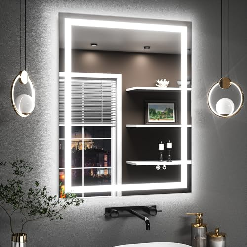 TETOTE Badspiegel mit Beleuchtung 70x90cm, Badezimmerspiegel Beleuchtet Beschlagfrei Badezimmer Wandspiegel Ohne Rahmen Bad Spiegel mit Led Touch-Schalter, 3 Lichtfarben Dimmbar Speicherfunktion