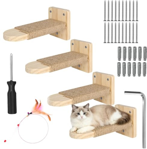 Rascador Pared para Gatos con Varita de Plumas Rojas para Actividad | Escalera Gatos Pared Conjunto Incluye Destornillador Tornillos Llave L y Tacos y Como para Trepar y Ver Paisaje