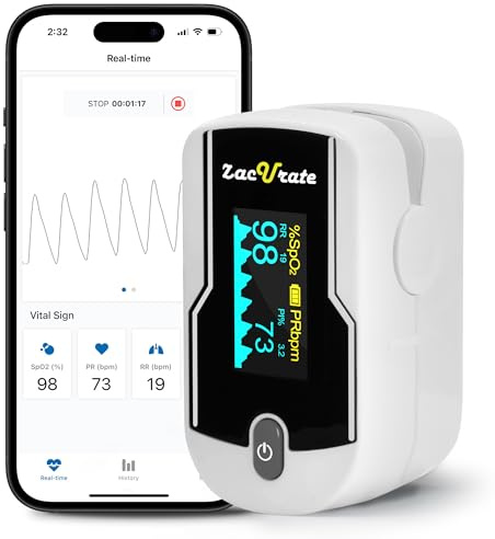 Zacurate 500E-B Wireless Bluetooth Fingertip Blood Pulse Oximeter Monitor with FREE App, SpO2, Heart Rate, Plethysmograph, and Perfusion Index Finger Oxygen Sensor Meter
