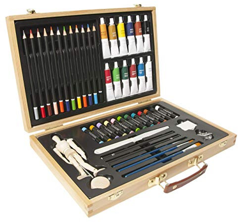 Elements 46 Pieces Mixed Media Art Set - Art Set with Wooden Storage Case Artist Set with Mannequin, Acrylic Paints, Oil Pastels, Coloured Pencils for Coloring, Drawing, Sketching, Painting