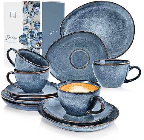 SÄNERG | Kaffeeservice Darwin 12 tlg, Kaffeegeschirr 4 Personen, Steingut Kaffee Set, Kaffee Set Spülmaschinenfest, Service mit Tassen Untertassen & Desserttellern Blau 300 ml | PREMIUM COLLECTION