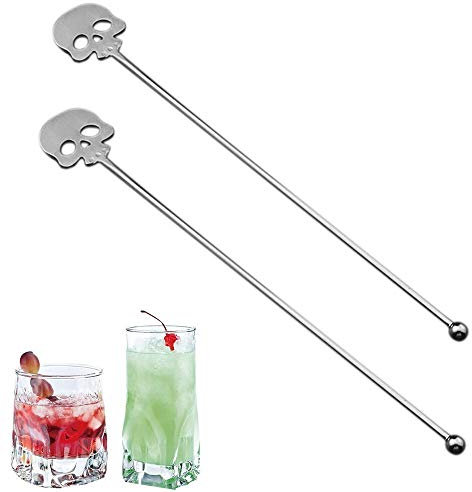 DUOER 2Pcs Quality Stainless Steel Cocktail Bar Skull Pattern Drink Muddler Stirrer Twisted Mixing Spoon Kitchen Tableware Bar Tool