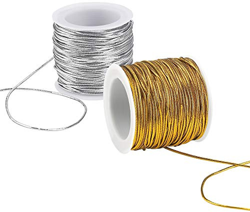 ISIYINER Cordoncini Elastici 2 Rotoli Metallici Cordoncini Elastici Nastro Elastico Corda per Confezione Regalo per Confezionamento Artigianale 1mm, 25m/Rotoli