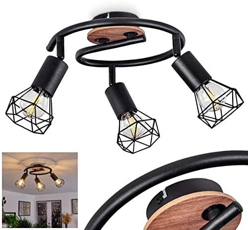 HOFSTEIN Deckenleuchte Baripada, verstellbare Deckenlampe aus Metall/Holz in Schwarz/Natur, Leuchte im Retro/Vintage-Design, Lichteffekt durch Gitter-Optik, 2xE14, Wohnzimmer, Esszimmer, Schlafzimmer