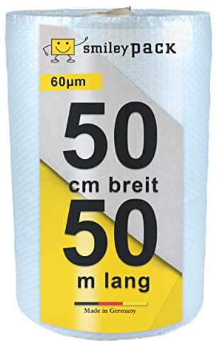 smiley pack 1 x Luftpolsterfolie 0,5 x 50 m Bubble Wrap Polsterfolie Fläche 25 qm Dicke 60 my Bläschenfolie Noppenfolie Einpackfolie Blisterfolie Luftpolster Verpackungsmaterial (1)