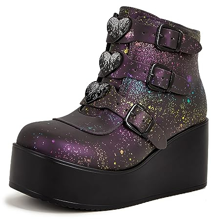 LUCKY STEP Women Platform Chunky Ankle Boots - Round Toe Zipper Wedges High Heels Rave Buckle Thick Sole Goth Booties (Navy Reflect,9 B(M) US)