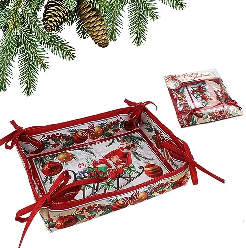 Carmani - Bolsa de almacenamiento plegable rectangular reversible para pan, rollos, baguettes, bollos, huevos y pasteles con doble diseño y patrón de trineo de Navidad