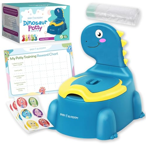 Dino Potty, Dinosaur Potty Training Set, Toilet Potty Seat for Boys & Girls with Splash Guard, Toddler, Lid & Comfortable Back Rest, Includes Free Liners & Reward Sticker Chart (Blue)