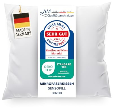 DormiGood Premium Mikrofaser Kissen 80x80 - Made in Germany - Allergiker Kopfkissen 80x80 mit hochwertiger Sensofill Füllung - Oeko TEX zertifiziertes Pillow 80x80 mit Kissenbezug aus 100% Baumwolle
