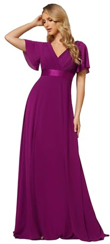 Ever-Pretty Women's Double V-Neck Short Flutter Sleeves Empire Waist Elegant Chiffon Long Evening Dresses Fuchsia 12UK