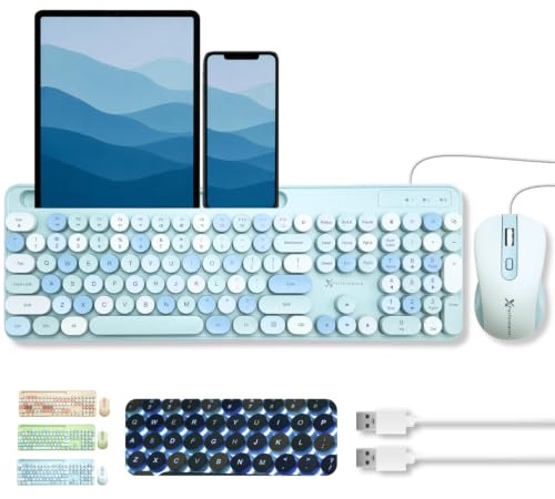 X9 Wired Keyboard and Mouse Combo with Backlight - Silent Round Keycaps, Phone/Tablet Dock, 109 Fullsize Keys, Cute Colorful Blue Keyboard, Aesthetic and Pastel Keyboard for Laptop, PC and Chrome