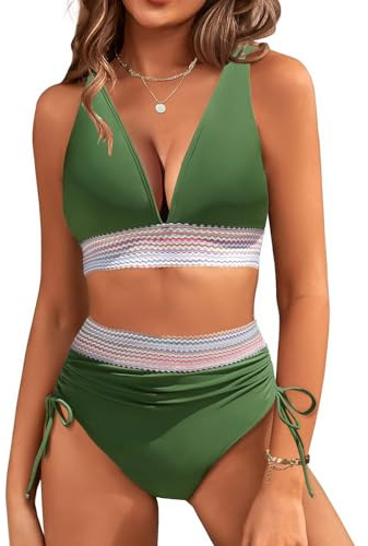 RITOSTA Damen Bikini Set Bauchweg High Waist Badeanzug Push Up Bademode Kordelzug Side Zweiteiliger Badeanzüge Sexy V Ausschnitt Bikinis für Frauen Swimsuits