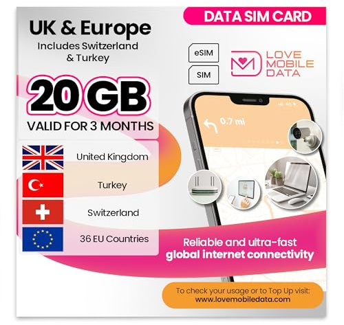 Love Mobile Data Only Sim Card - International Multi-Network 4G/5G Prepaid Data Sim for Mobile Phones, WiFi Routers, & More, UK (O2, Three & Vodafone), Europe, Switzerland & Turkey - 20GB for 3 Months