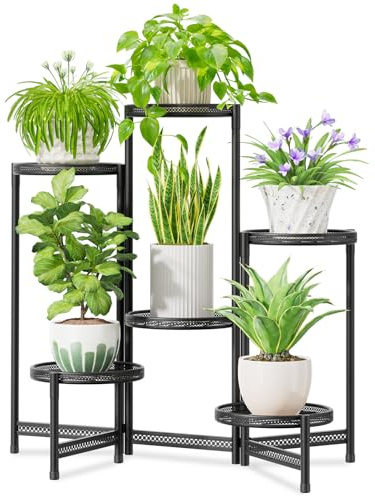 iDavosic.ly 6-Etagen Großer Pflanzenständer für den Innenbereich mit 10 Zoll breiter Ablaufschale, gestufter Eck-Metall-Außen-Blumen-Display-Halterung, klappbarer hoher Ständer für Terrasse, Veranda