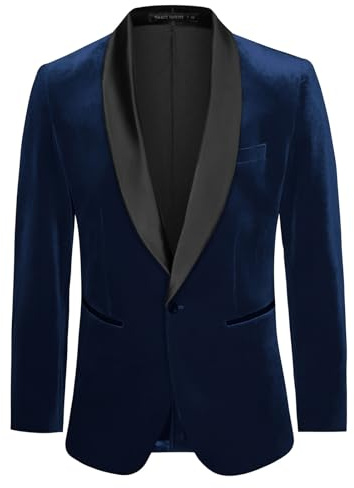 GRACE KARIN Giacca da Uomo Slim Fit Blazer in Velluto a Un Bottone - Giacca in Velluto a Coste per Vestito Natalizio XL Blu