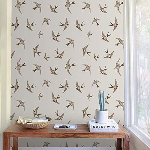 Papier Adhesif pour Meuble Hirondelle Beige Brun Papier Peint Adhesif Mural Vinyle Papier Collant pour Meuble Imperméable Papier Peint Autocollant Mur Papier Peint Adhesif 1P (40x100 cm)